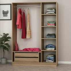 Armoire penderie design effet bois, 3 portes vitrées BYRON