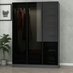 Armoire penderie design gris foncé, 3 portes vitrées BYRON