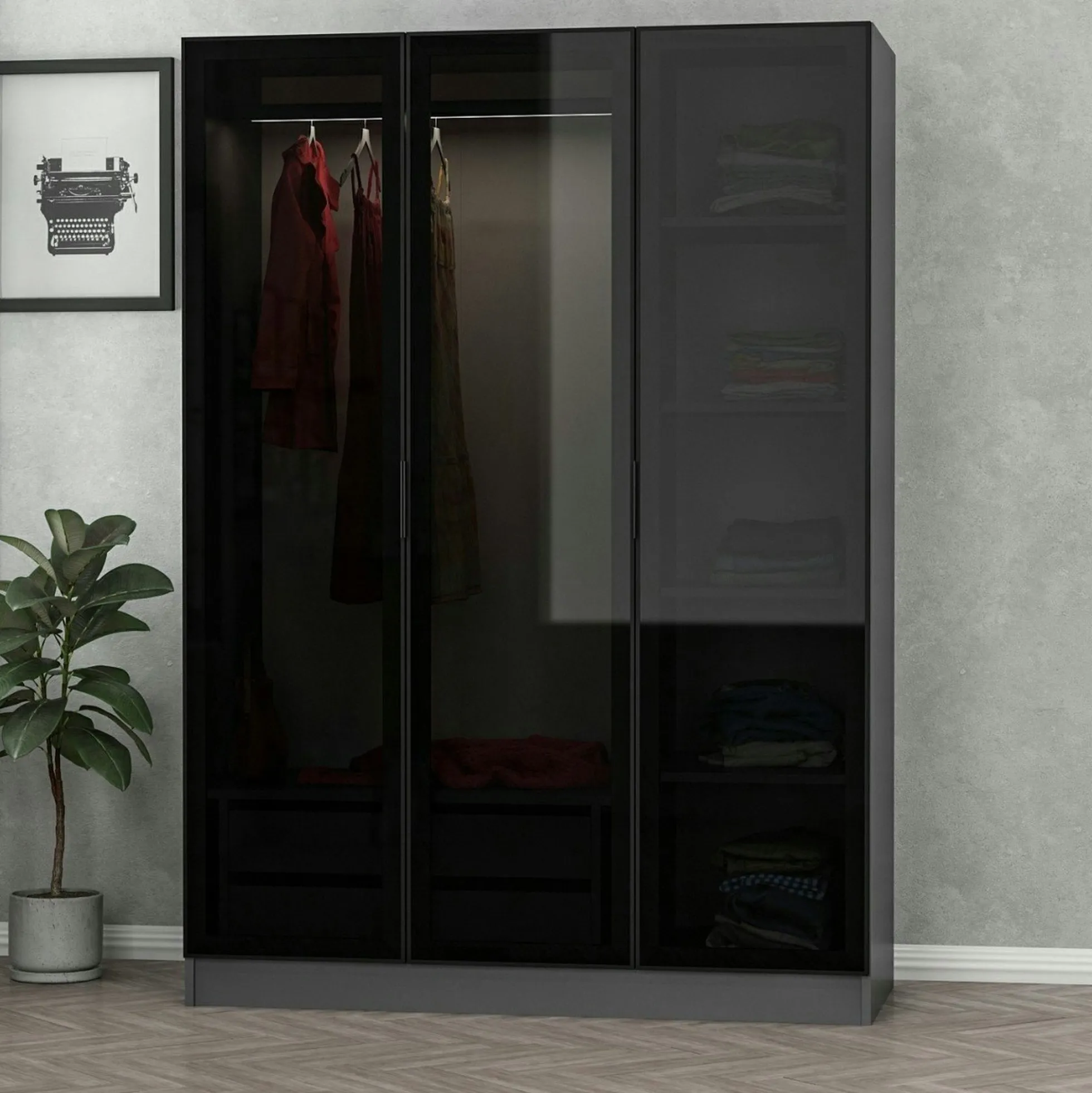 Armoire penderie design gris foncé, 3 portes vitrées BYRON
