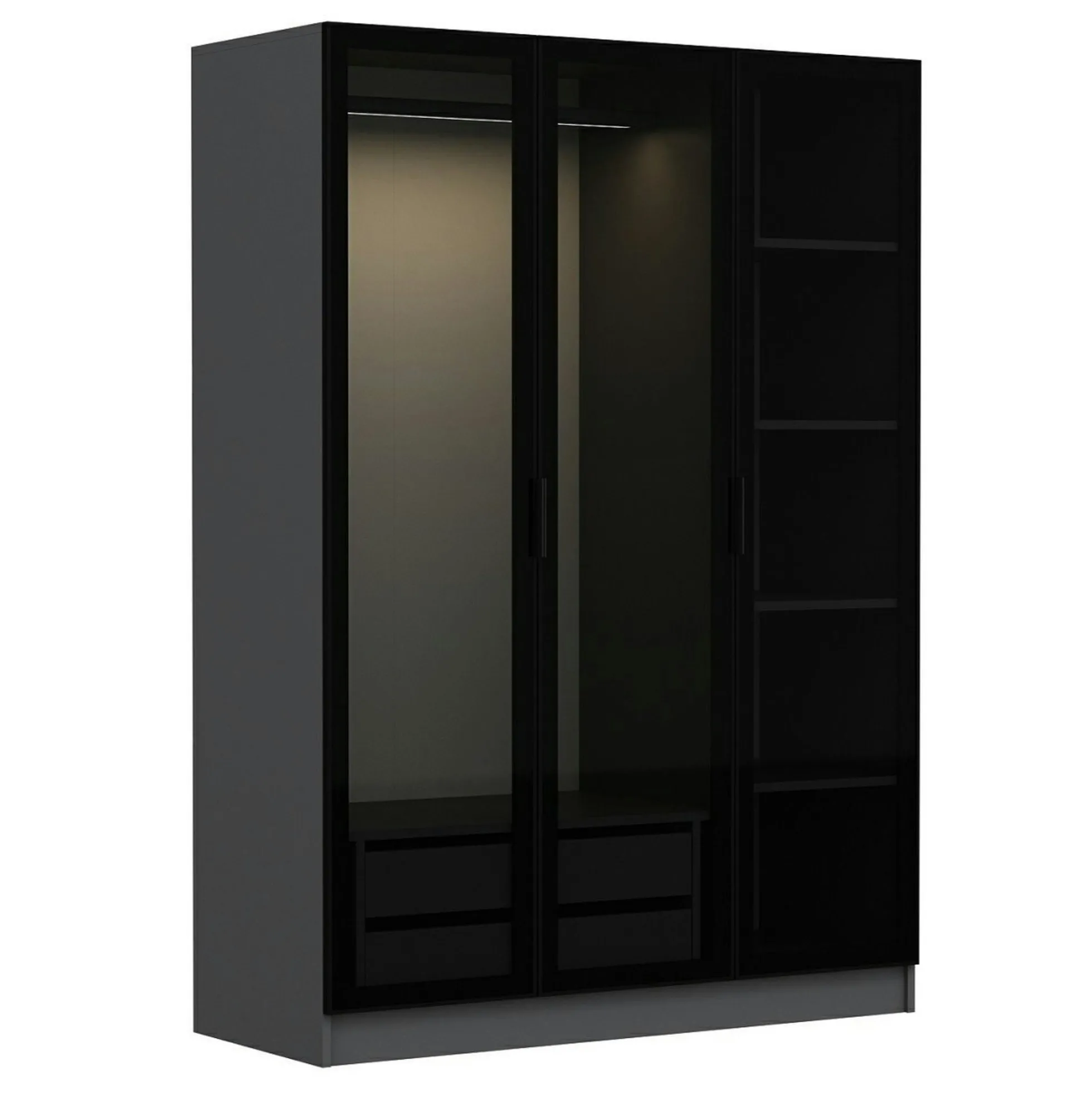Armoire penderie design gris foncé, 3 portes vitrées BYRON