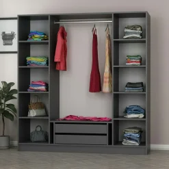 Armoire penderie design gris 4 portes vitrées H 190 cm BYRON