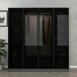 Armoire penderie design gris 4 portes vitrées H 190 cm BYRON
