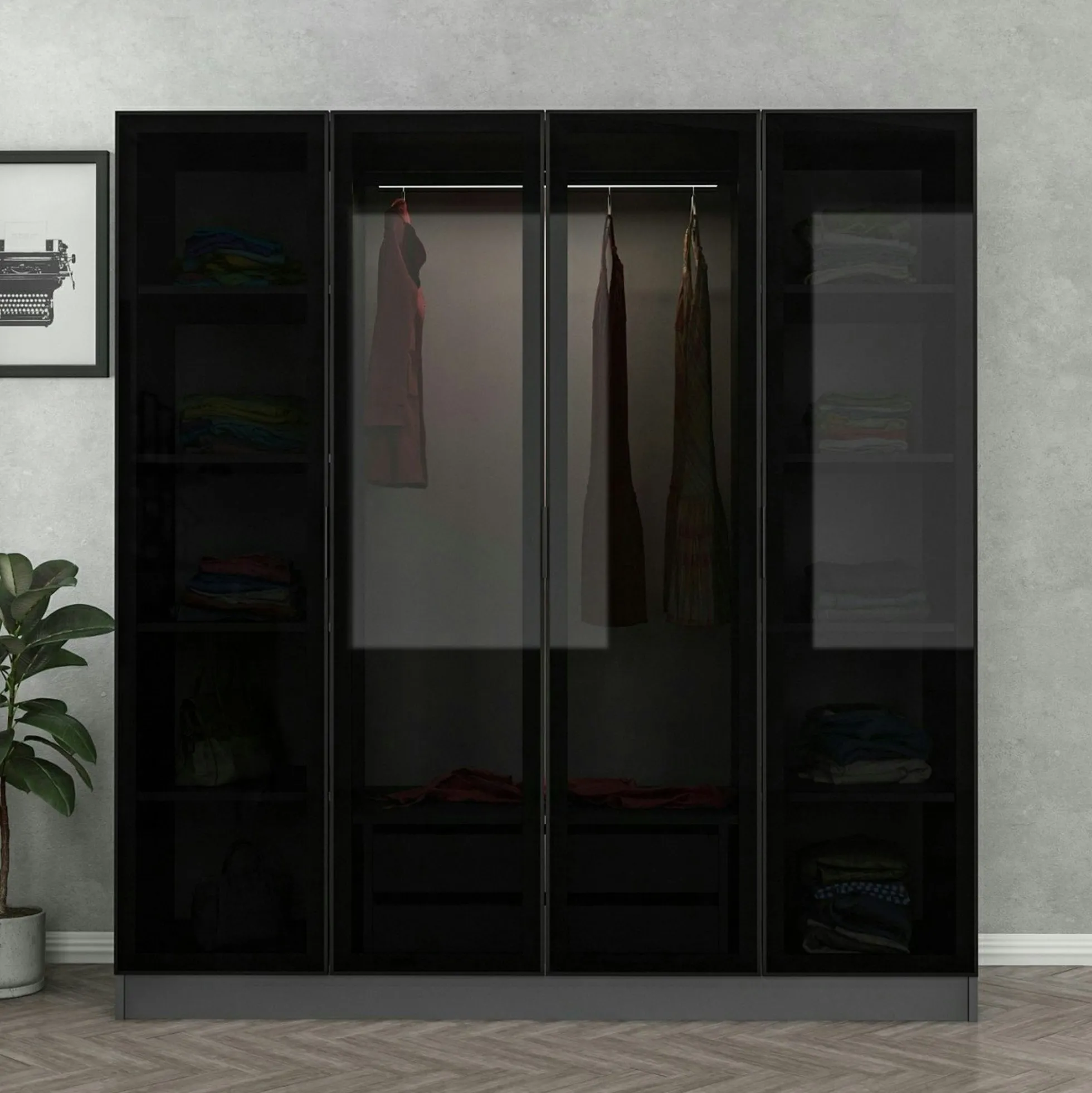 Armoire penderie design gris 4 portes vitrées H 190 cm BYRON