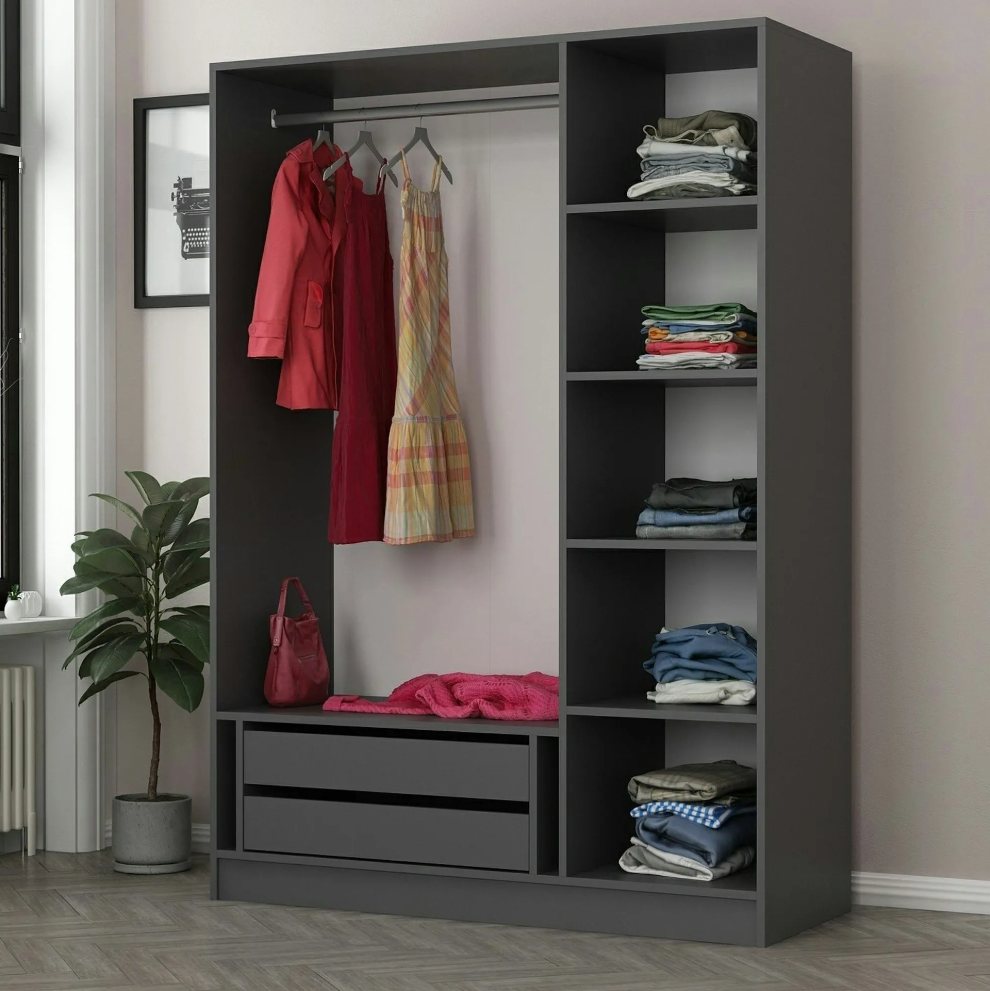 Armoire penderie design 3 portes grises rainurées BYRON