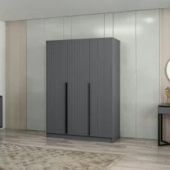Armoire penderie design 3 portes grises rainurées BYRON
