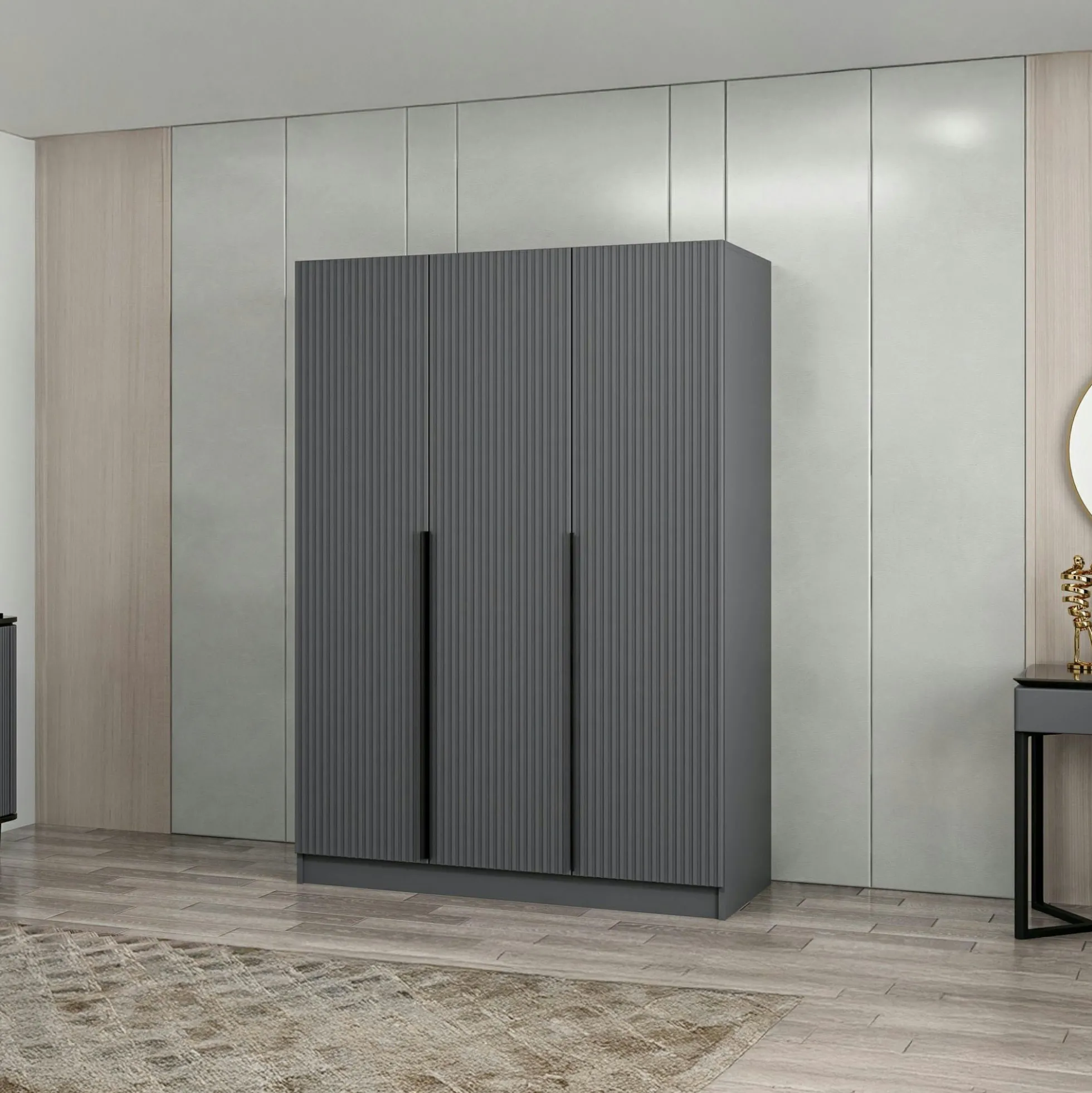 Armoire penderie design 3 portes grises rainurées BYRON