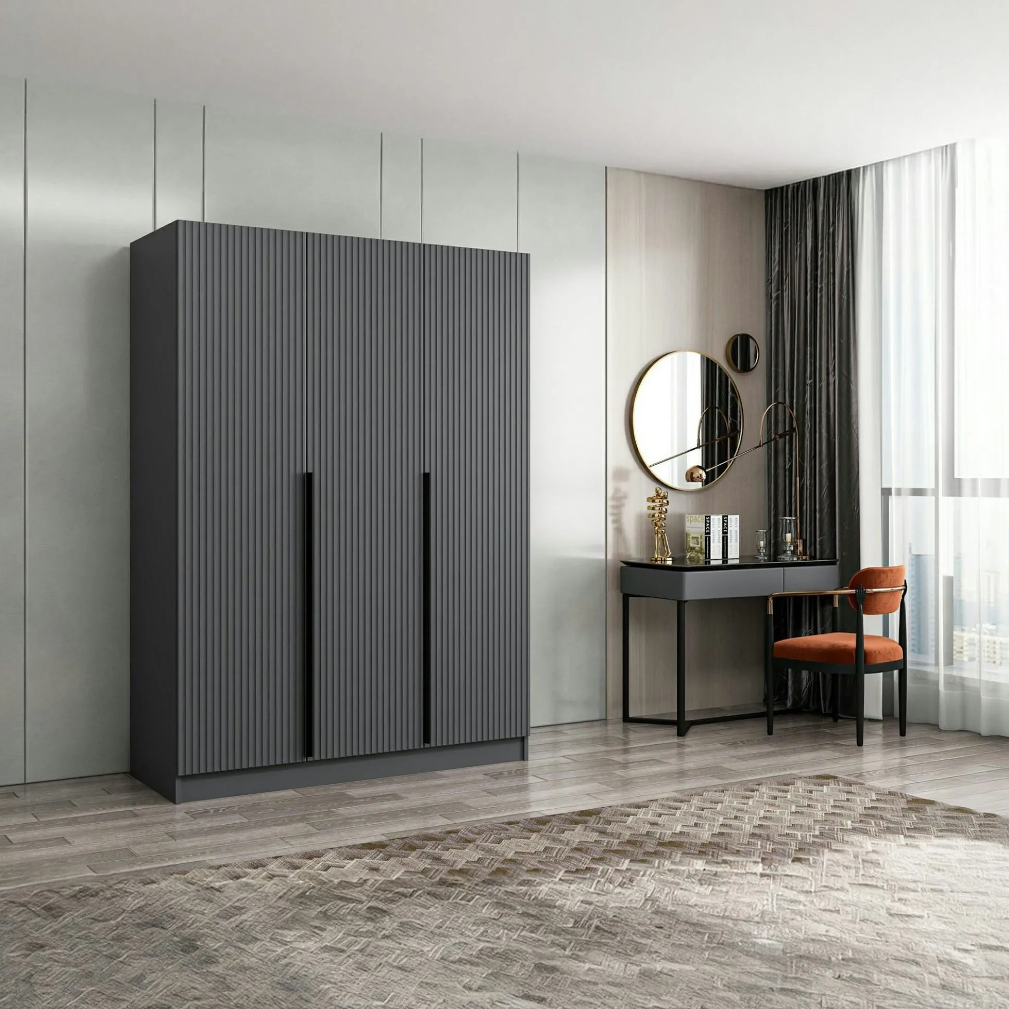 Armoire penderie design 3 portes grises rainurées BYRON