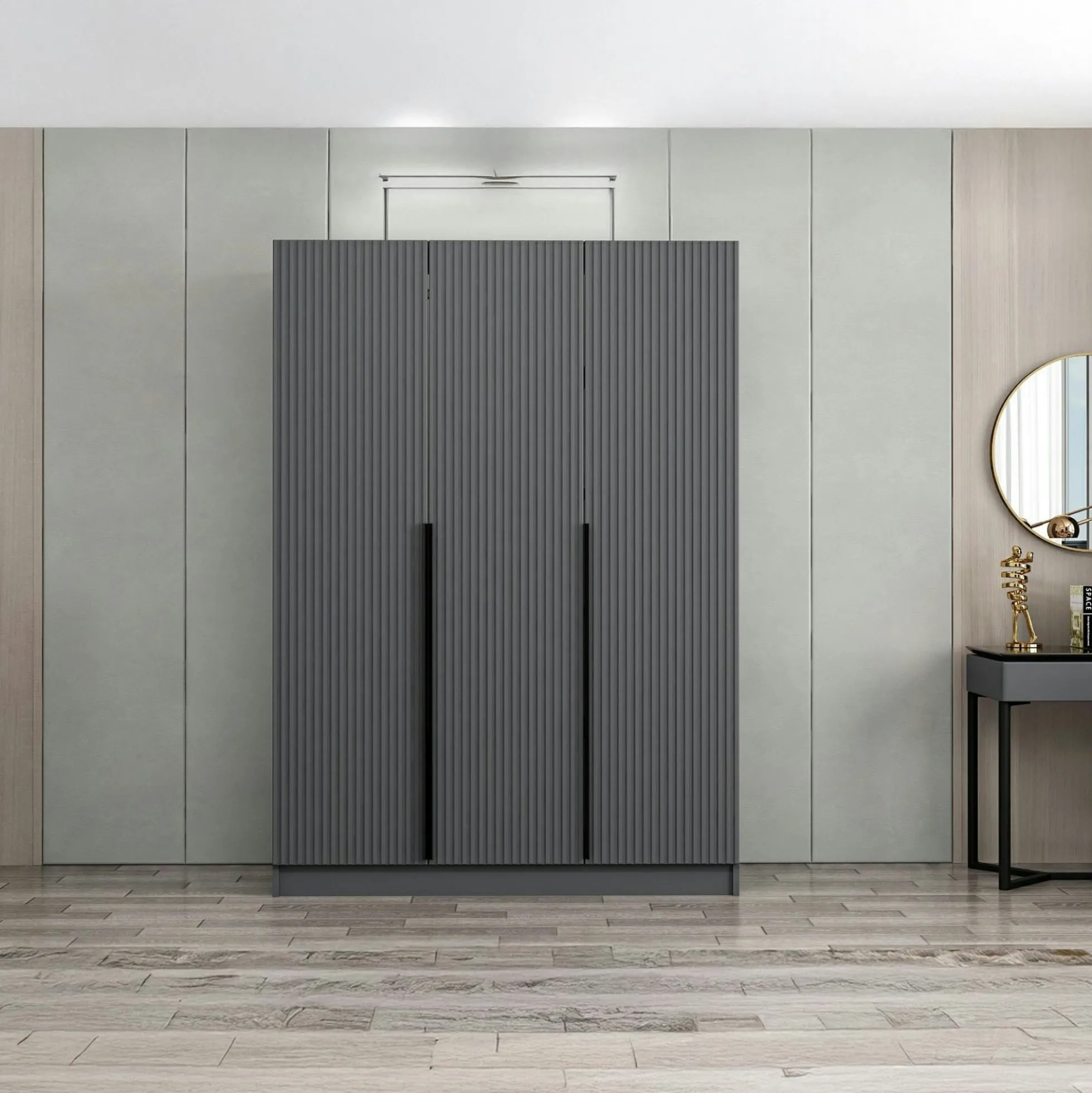 Armoire penderie design 3 portes grises rainurées BYRON