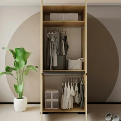 Armoire penderie effet bois détail gris, 1 étagère BYRON
