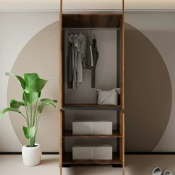 Armoire penderie effet noyer détail gris, 2 étagères BYRON