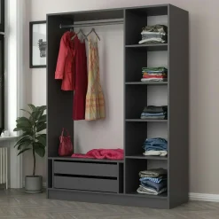 Armoire penderie grise design, 3 portes vitrées BYRON