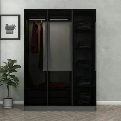 Armoire penderie grise design, 3 portes vitrées BYRON