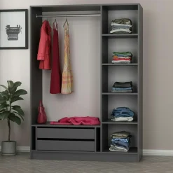 Armoire penderie grise design, 3 portes vitrées BYRON