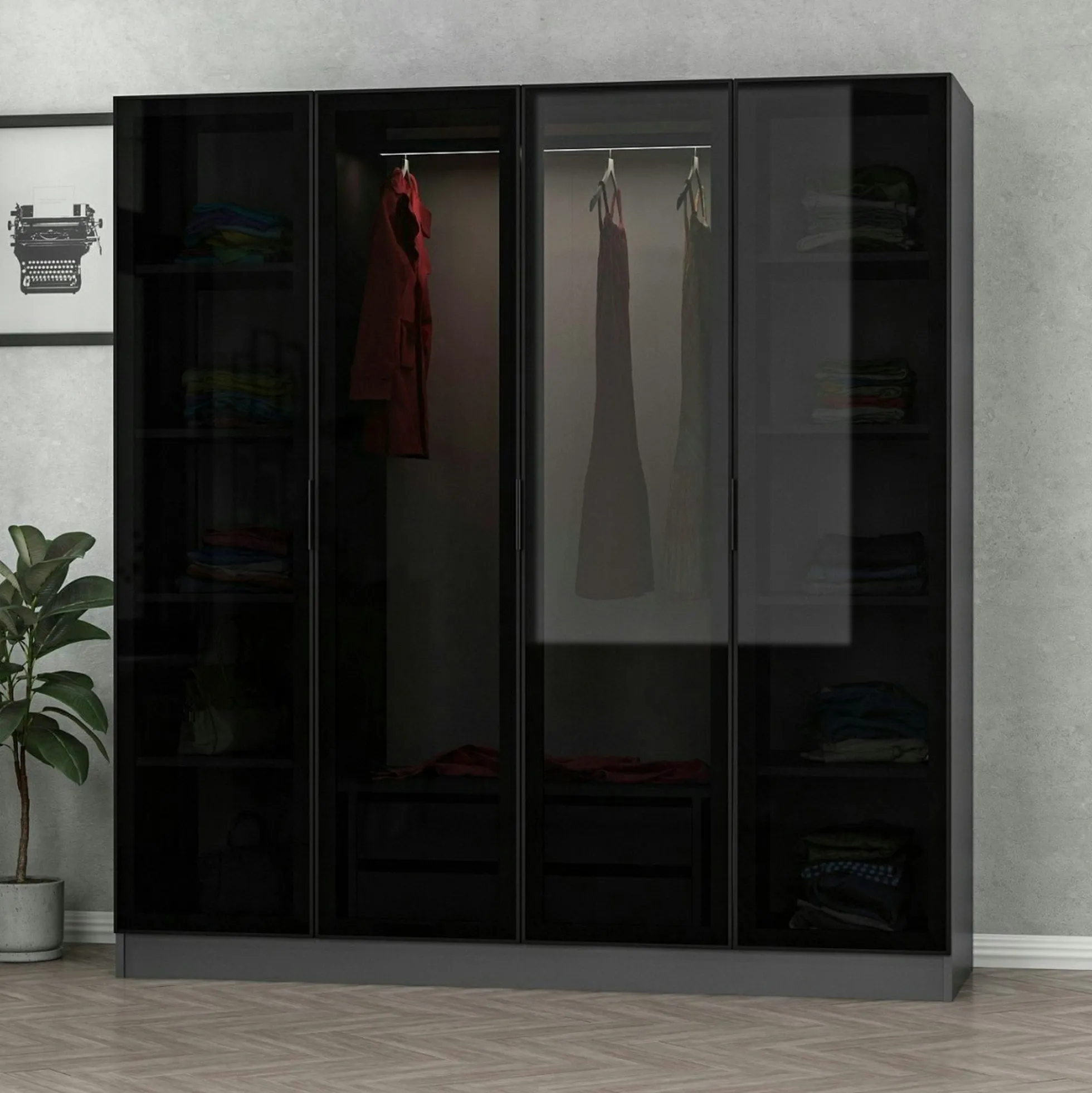 Armoire penderie grise 4 portes verre H 210 cm BYRON