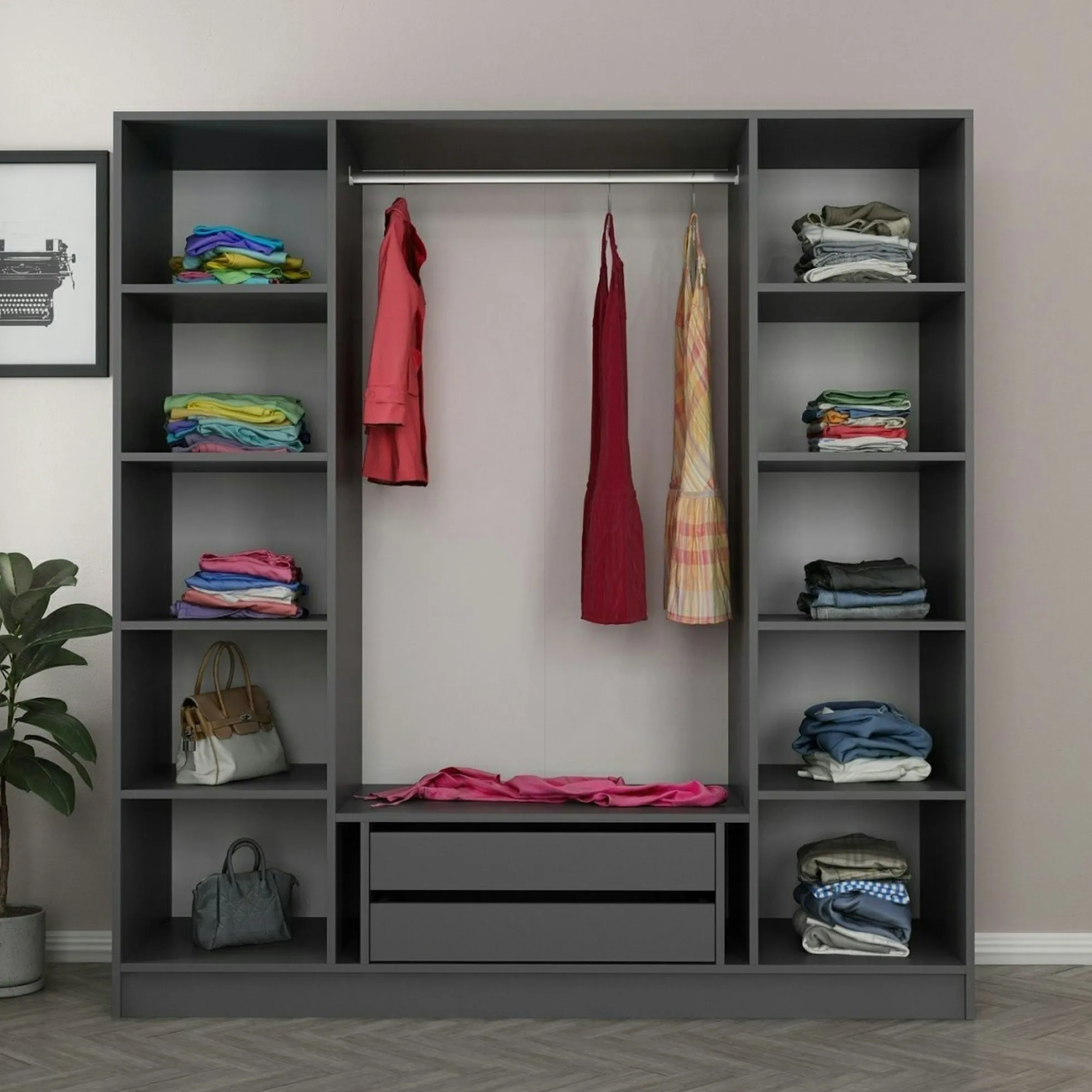 Armoire penderie grise 4 portes verre H 210 cm BYRON