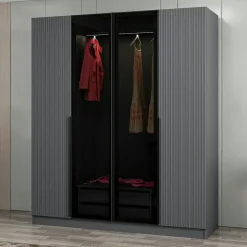 Armoire penderie grise 2 portes rainurées 2 vitrées BYRON