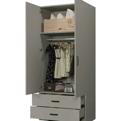 Armoire penderie grise 2 portes 2 tiroirs 80 cm BYRON