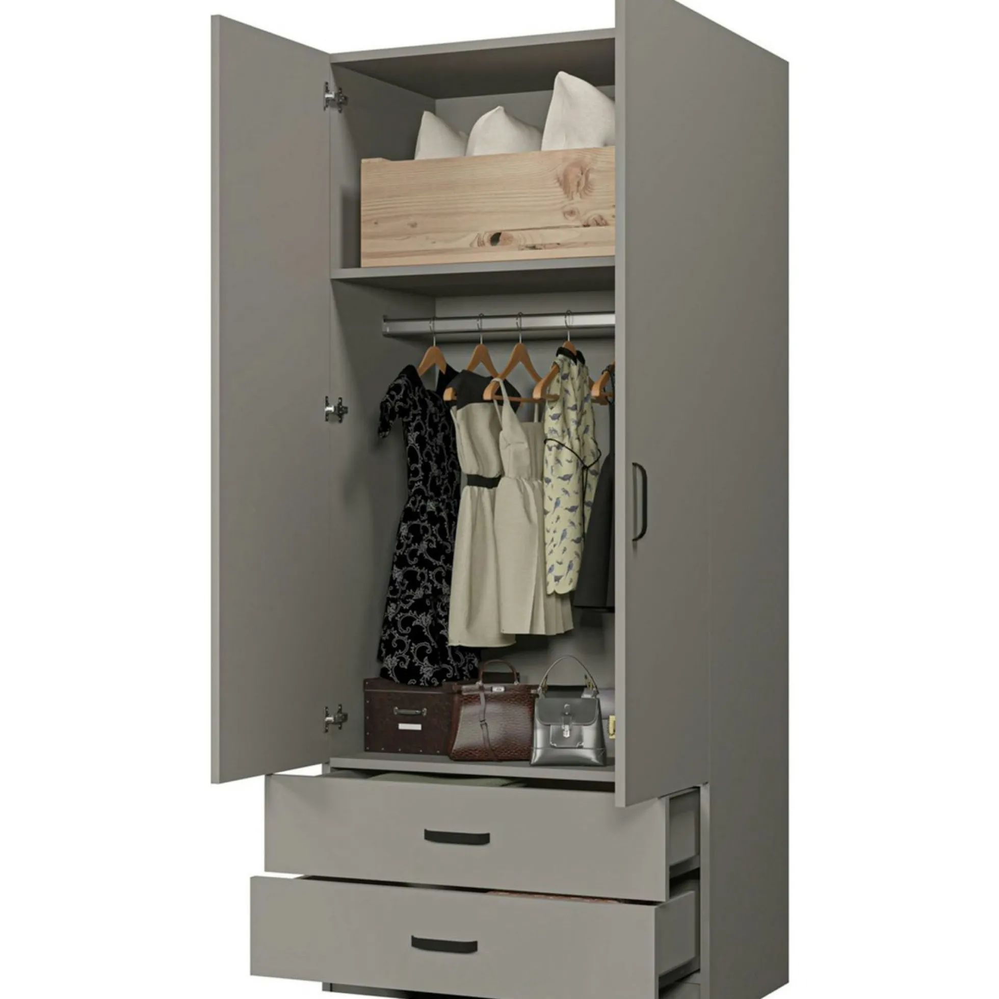 Armoire penderie grise 2 portes 2 tiroirs 80 cm BYRON