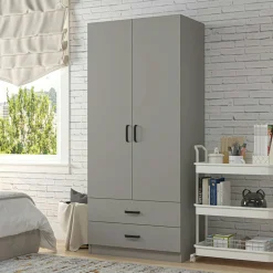 Armoire penderie grise 2 portes 2 tiroirs 80 cm BYRON