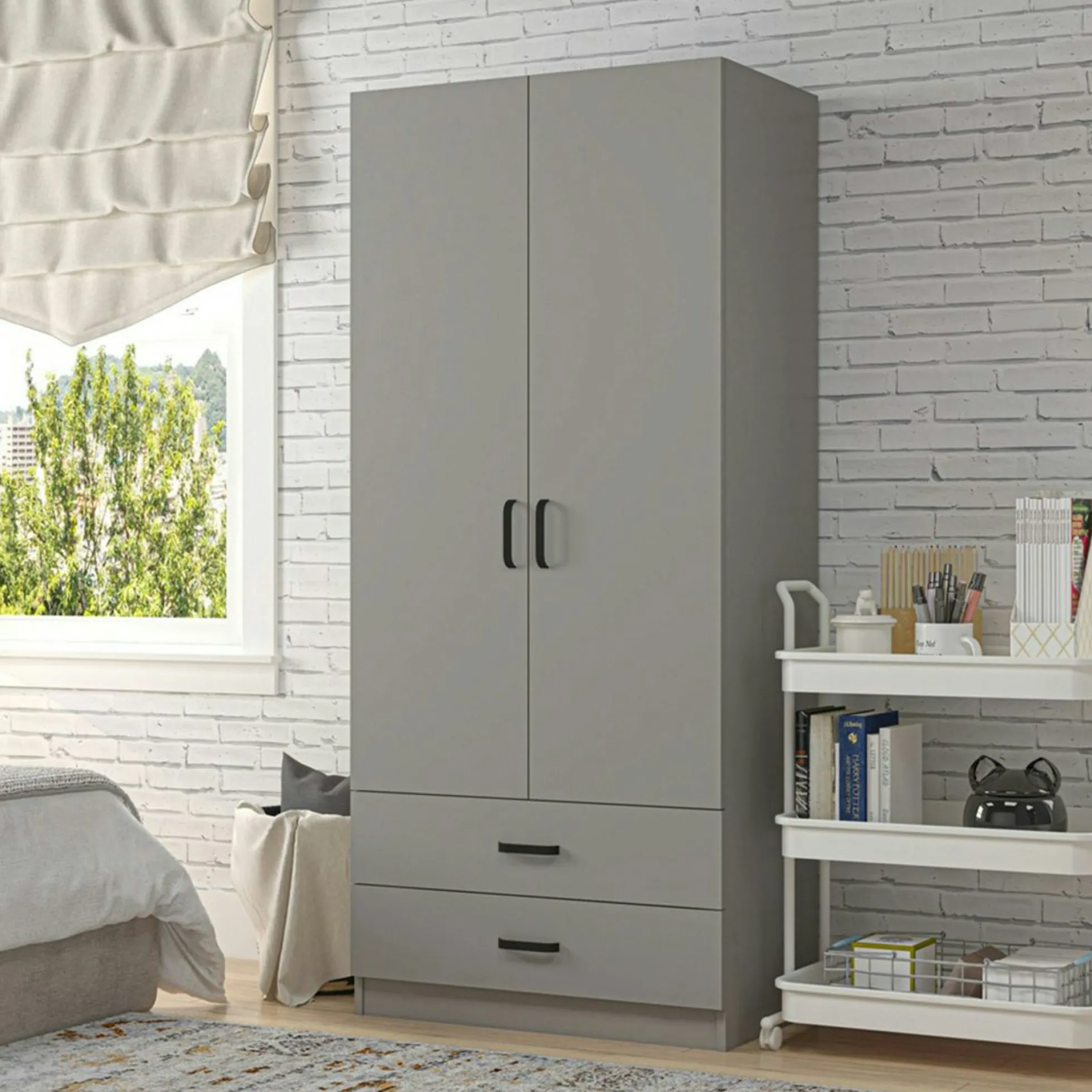 Armoire penderie grise 2 portes 2 tiroirs 80 cm BYRON