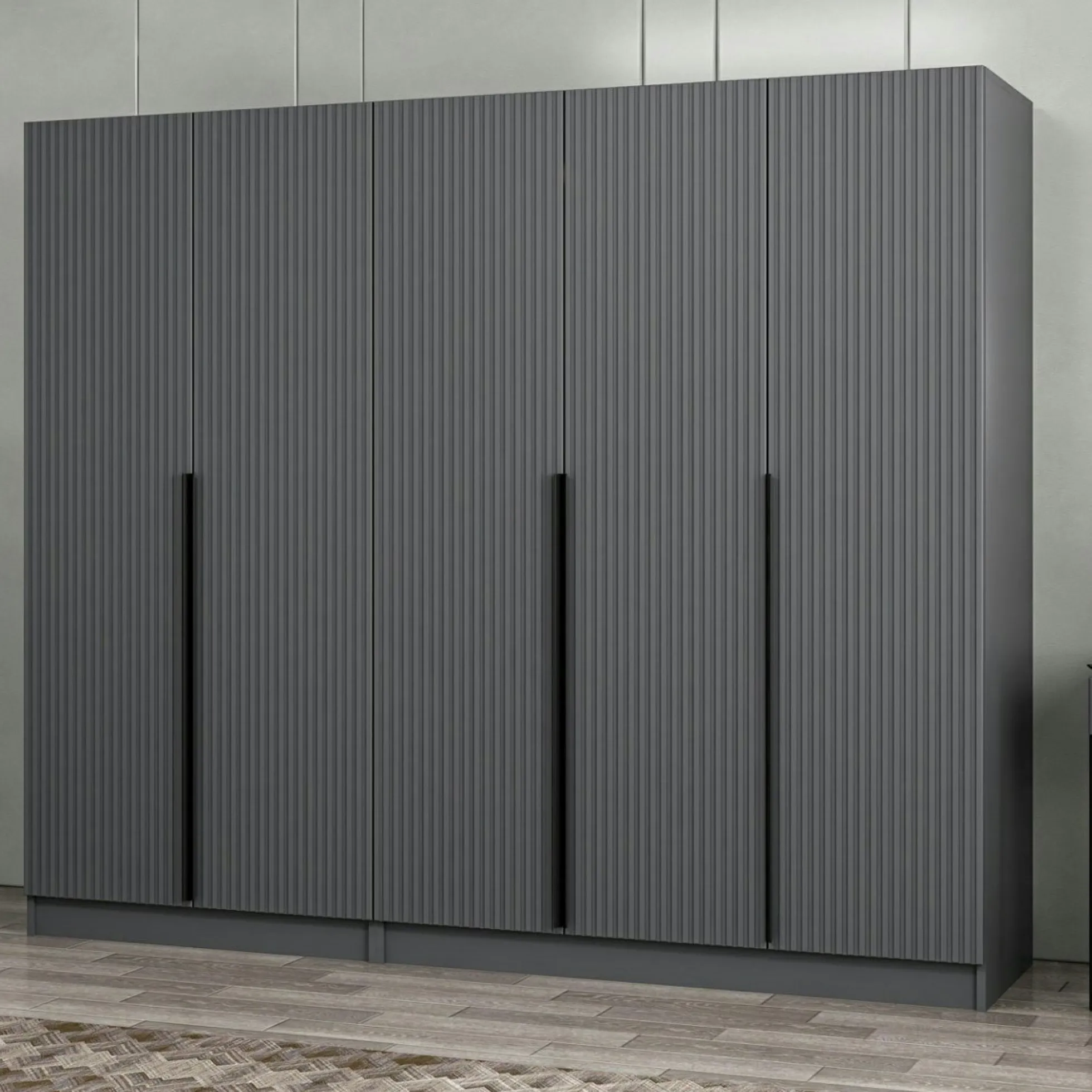 Armoire penderie grise 5 portes rainurées 3 portants BYRON