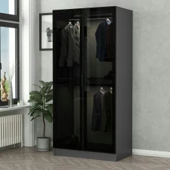 Armoire penderie grise vitrée - 2 portes H.210 cm BYRON
