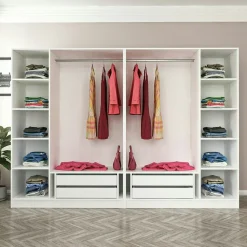 Armoire penderie ouverte blanche 2 portants 4 tiroirs BYRON