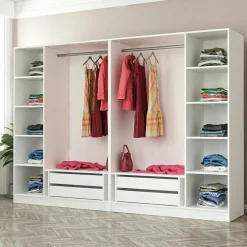 Armoire penderie ouverte blanche 2 portants 4 tiroirs BYRON