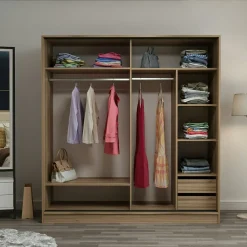 Armoire penderie portes coulissantes, effet bois & miroir BYRON