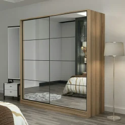 Armoire penderie portes coulissantes, effet bois & miroir BYRON