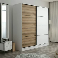 Armoire penderie à portes coulissantes, blanc & effet bois BYRON