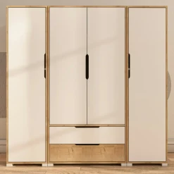 Armoire penderie 4 portes, effet bois et blanc BYRON