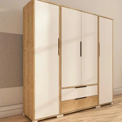 Armoire penderie 4 portes, effet bois et blanc BYRON