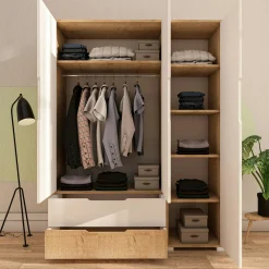 Armoire penderie 3 portes, effet bois et blanc BYRON