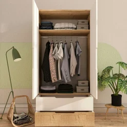 Armoire penderie 2 portes effet bois et blanc BYRON