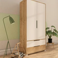 Armoire penderie 2 portes effet bois et blanc BYRON