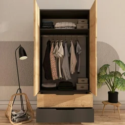 Armoire penderie 2 portes effet bois et anthracite BYRON