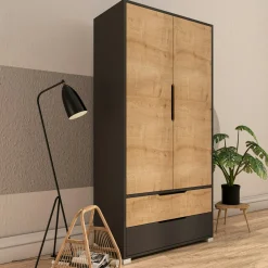 Armoire penderie 2 portes effet bois et anthracite BYRON