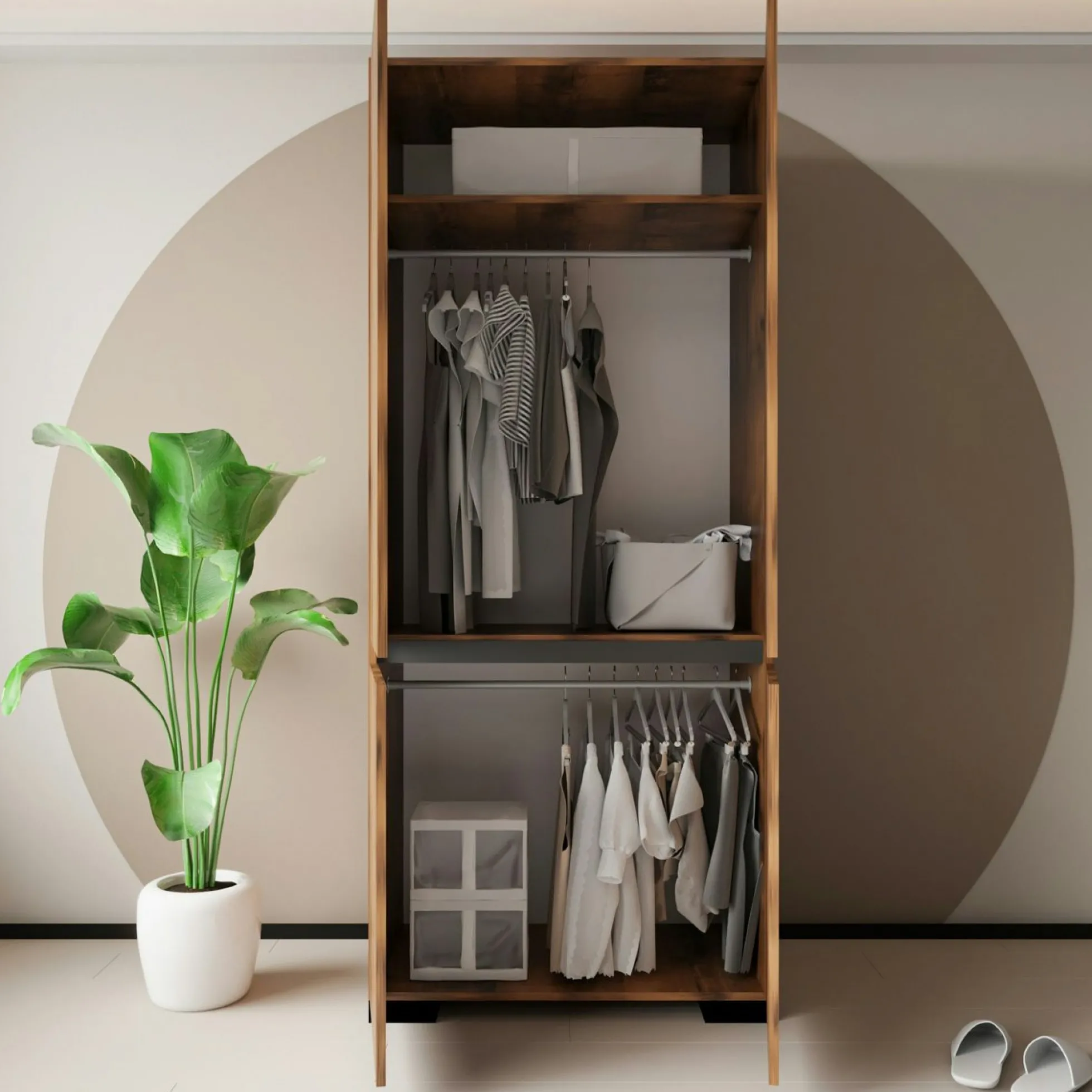 Armoire penderie 2 portes effet noyer détail gris BYRON
