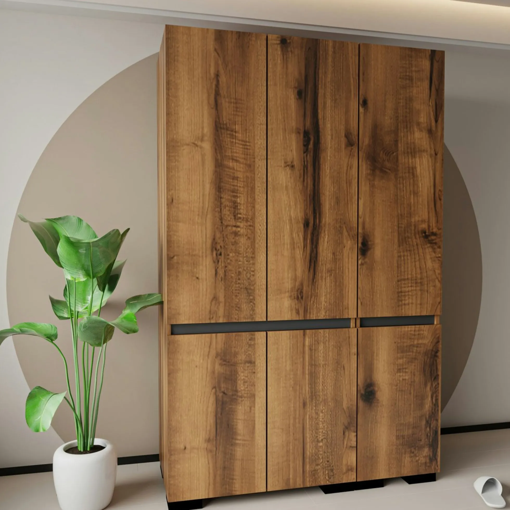 Armoire penderie 3 portes, effet noyer détail gris BYRON