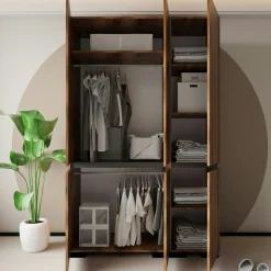 Armoire penderie 3 portes, effet noyer détail gris BYRON