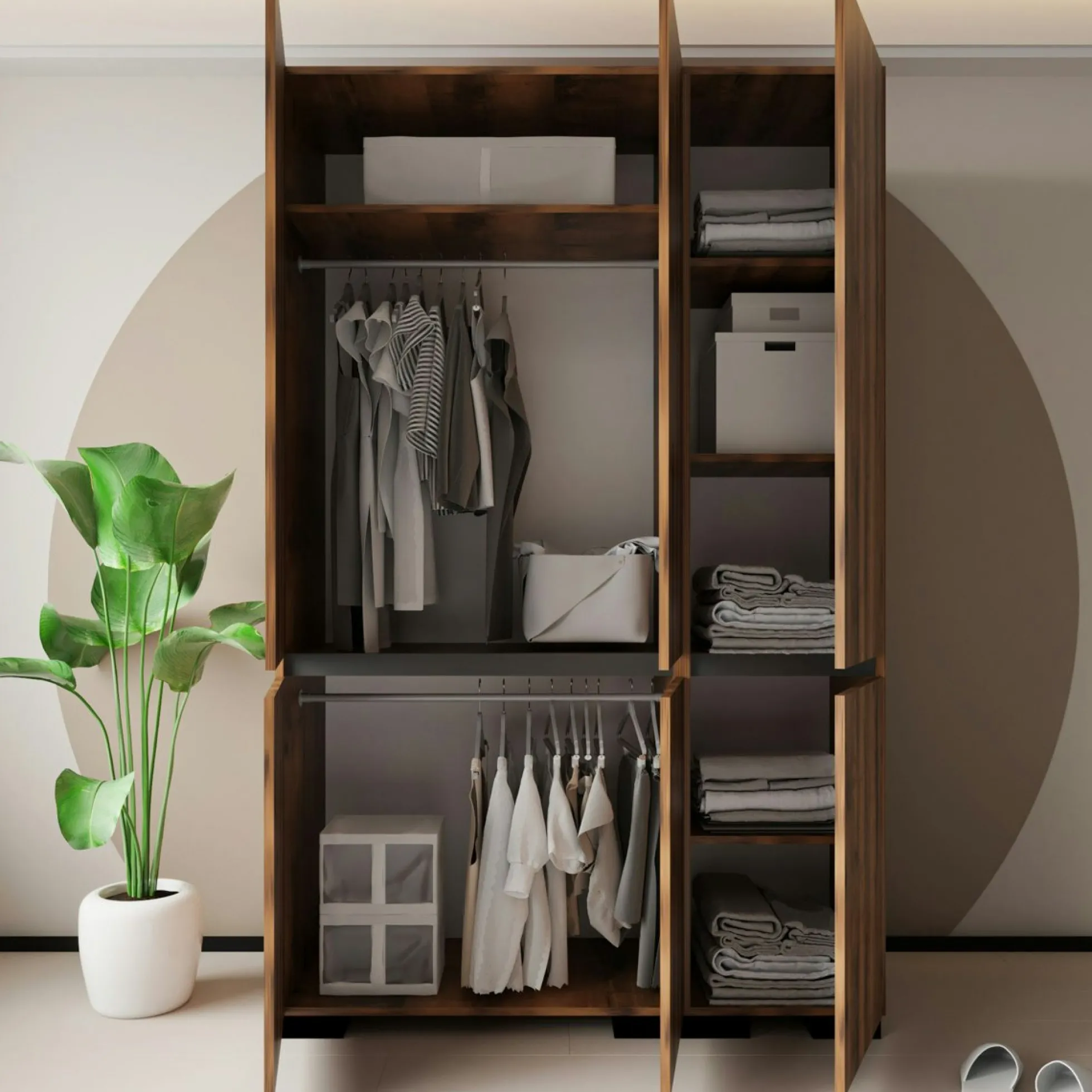 Armoire penderie 3 portes, effet noyer détail gris BYRON