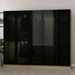 Armoire penderie 5 portes verre et cadre effet noyer BYRON