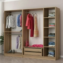 Armoire penderie 5 portes verre et cadre effet noyer BYRON