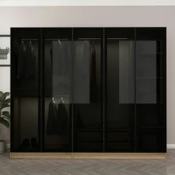 Armoire penderie 5 portes verre et cadre effet noyer BYRON