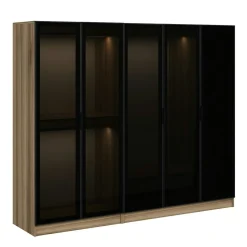 Armoire penderie 5 portes verre et cadre effet noyer BYRON