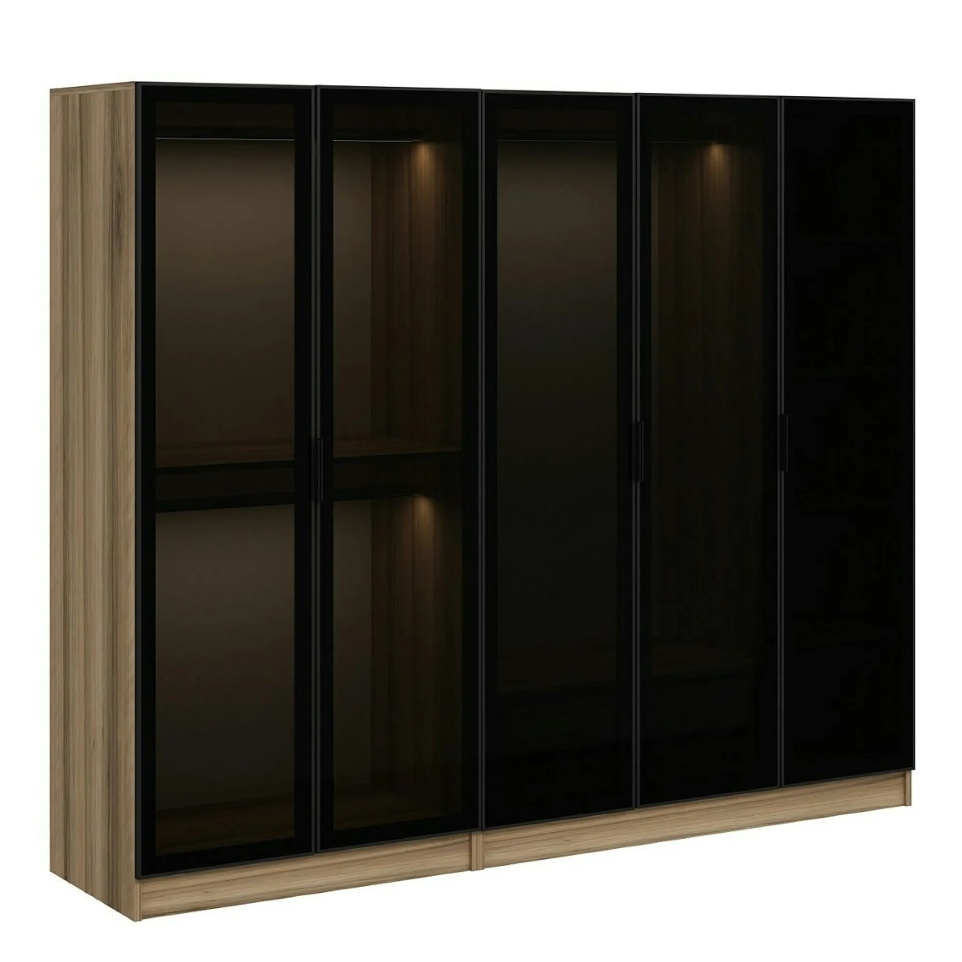 Armoire penderie 5 portes verre et cadre effet noyer BYRON