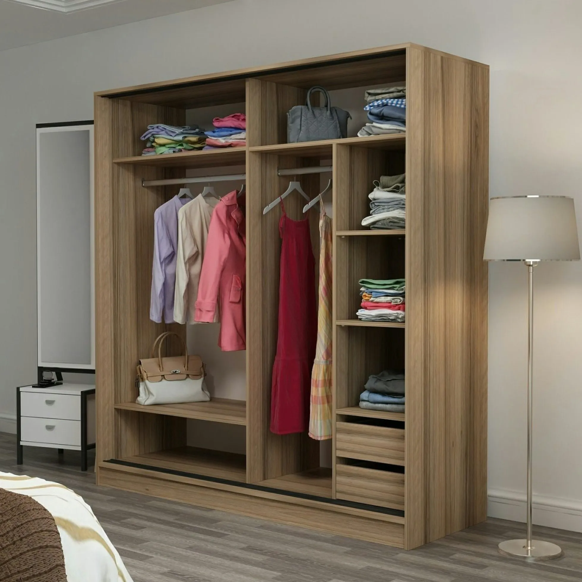 Armoire portes coulissantes effet bois & gris, 1 miroir BYRON
