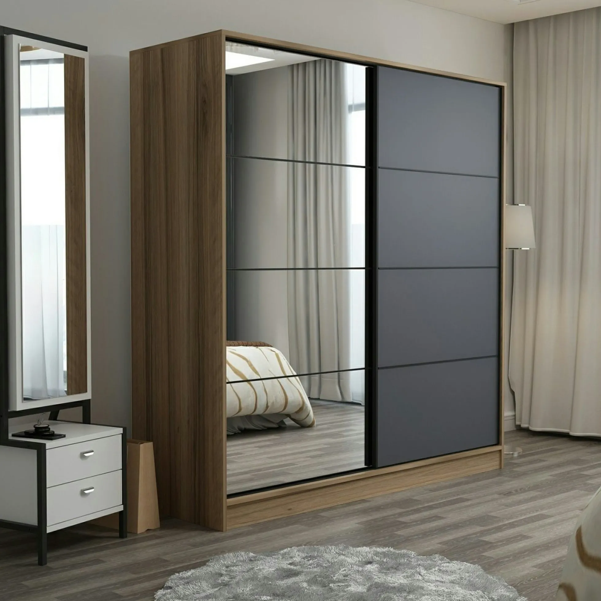 Armoire portes coulissantes effet bois & gris, 1 miroir BYRON