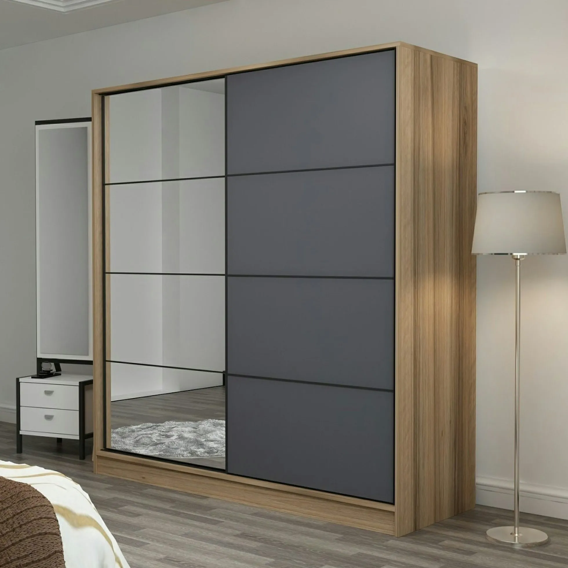 Armoire portes coulissantes effet bois & gris, 1 miroir BYRON
